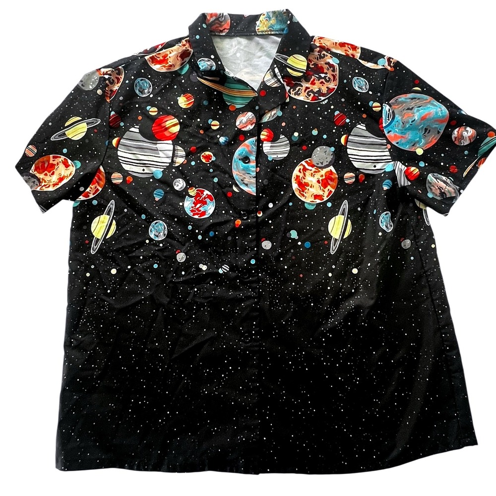 Men's Black Space Planets Button Front Collared Shirt Size Medium Party‎ Casual